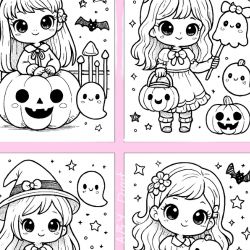 Halloween Kawaii Gothique – 10 Poupées à Colorier